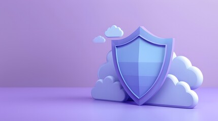 3D illustration of a shield with cloud symbol. Illustrates cloud security, data protection, and cybersecurity concepts against purple background.