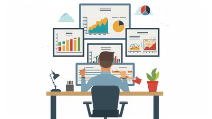 Businessman Analyzing Data on Multiple Screens