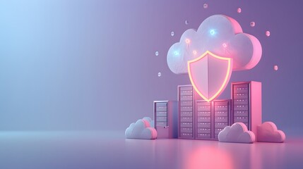 3D illustration of cloud data center with shield icon for cybersecurity and cloud computing, highlighting data protection and secure storage.