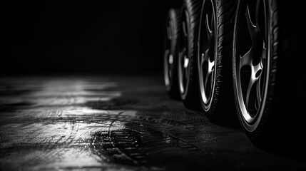 Obraz premium New car tires in a row on black background