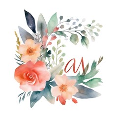 Watercolor floral arrangement with delicate flowers and leaves.