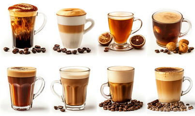 Cup of Coffee is isolated on a white background. A Hot Morning Invigoration Drink. A cup of hot latte or cappuccino. Coffee with milk. Place for Text. Copy Space.