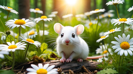 adorable cute white rat in beautiful forest with flowers around, blur background