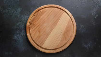 Round wooden cutting board on dark background. Close-up. Top view