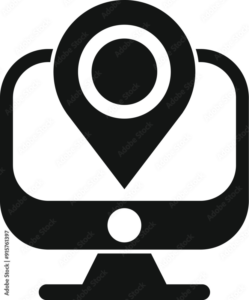 Poster black and white icon of a location pin on a computer screen, representing online navigation and loca