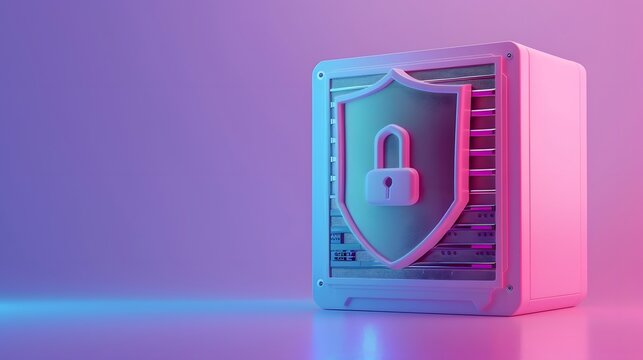 3D rendering of a secure server with a shield and padlock, highlighting data protection and cybersecurity in a modern, colorful aesthetic.