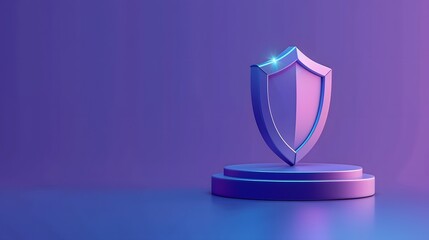 3D shield trophy on a purple podium with a glowing light, representing security, protection, and achievement in a modern style.