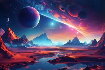 Futuristic fantasy landscape, sci-fi landscape with planet, neon light, cold planet. Galaxy, unknown planet. Dark natural scene with light reflection in water. Neon space galaxy portal. 3d
