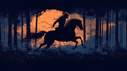 Headless Horseman Galloping Through Haunting Dark Forest at Dusk
