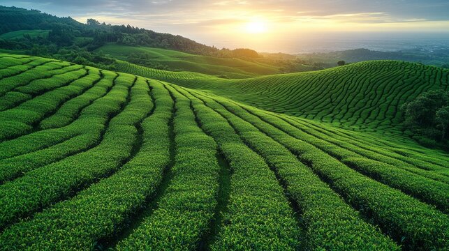 A lush green field with rows of plants and a beautiful sunset in the background