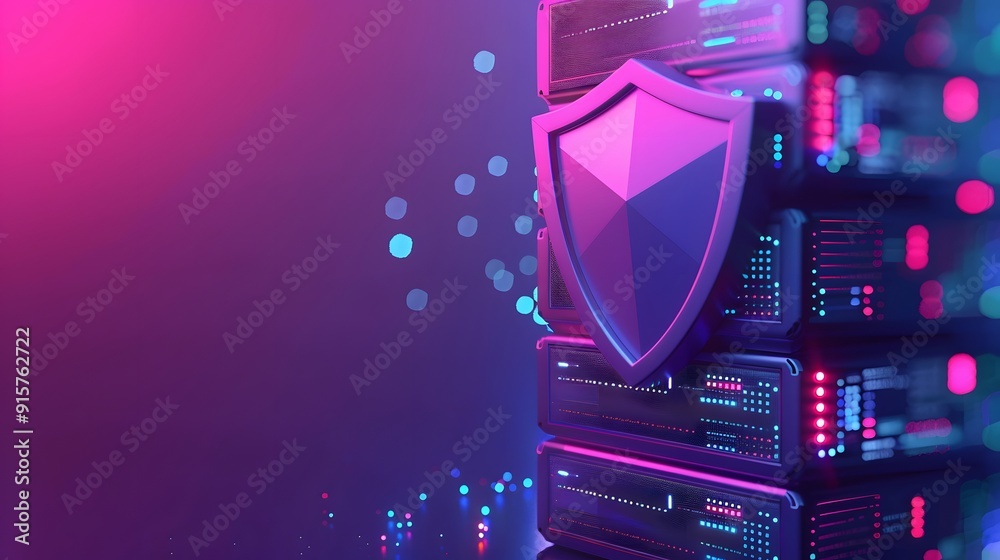 Poster a futuristic server stack with a shield icon representing cybersecurity and data protection, illumin