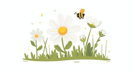 Cute Daisy Flowers with a Bee Illustration