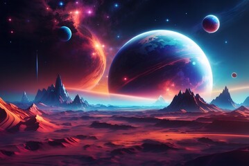 Futuristic fantasy landscape, sci-fi landscape with planet, neon light, cold planet. Galaxy, unknown planet. Dark natural scene with light reflection in water. Neon space galaxy portal. 3d
