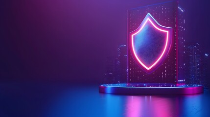 Fototapeta premium A glowing neon shield representing cybersecurity and data protection in a futuristic digital environment, with a cityscape background.