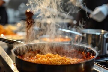 A steaming pot of pasta being prepared in a kitchen setting.