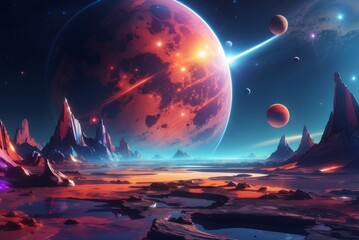 Futuristic fantasy landscape, sci-fi landscape with planet, neon light, cold planet. Galaxy, unknown planet. Dark natural scene with light reflection in water. Neon space galaxy portal. 3d
