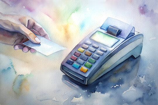 A person is paying for something with a card at a store. The card reader is black and silver