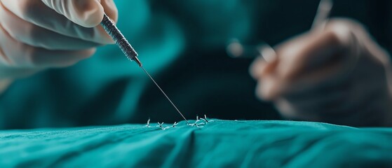 Close-up of a surgeon performing a delicate stitch on green fabric during a medical procedure in a sterile environment.