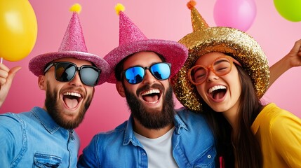 Three people wearing party hats and sunglasses are smiling and laughing together. They are posing for a photo with balloons in the background. Scene is cheerful and festive