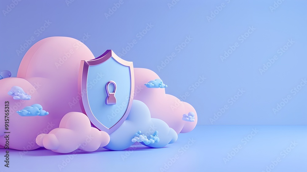 Poster cloud security concept with shield and lock icon. protecting data and information in cloud computing