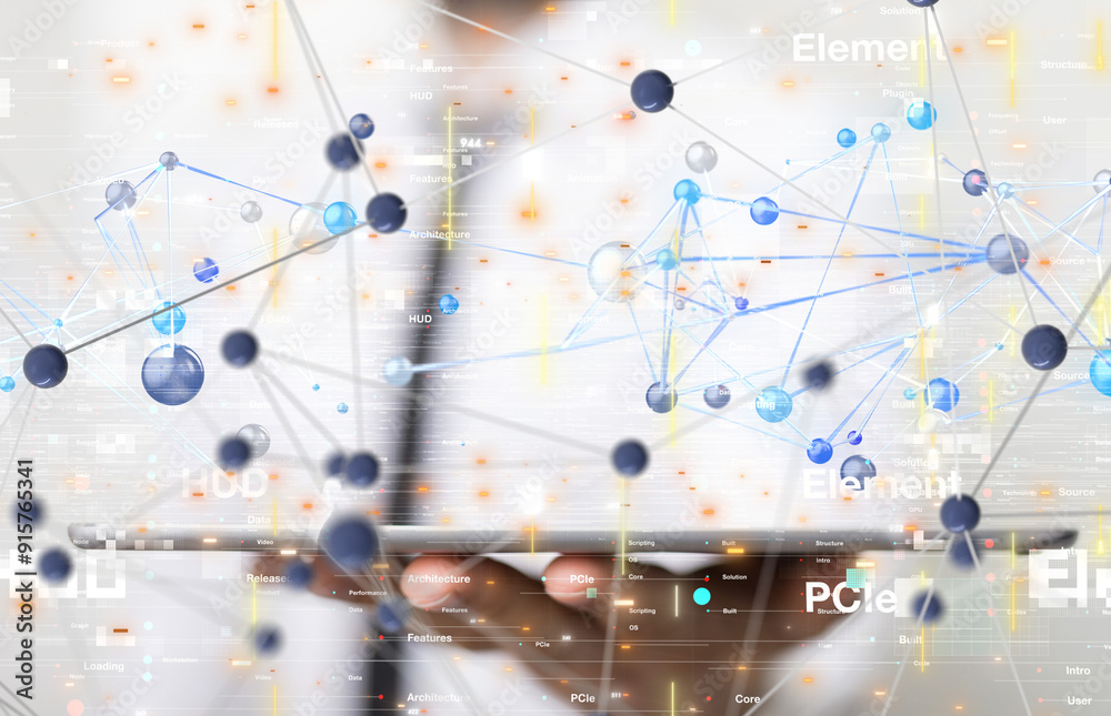 Aufkleber Global network. Blockchain. 3D illustration. Neural networks and artificial intelligence. Abstract