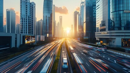 Light flow of traffic on a evening highway in a city with modern high buildings
