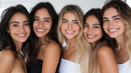 Obraz premium A group of women with different hair colors and styles are smiling for the camera. Scene is happy and friendly, as the women are posing together and enjoying each other's company