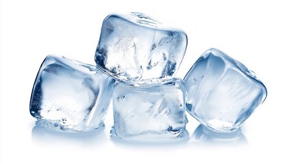 Four ice cubes on a white background. The cubes are all the same size and are all clear