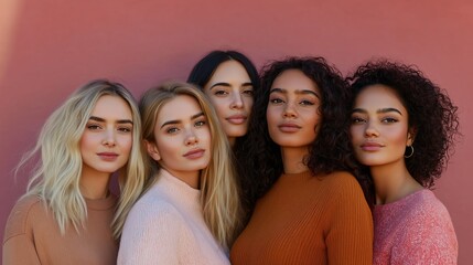 Obraz premium A group of women with different hair colors and styles are posing for a photo. Scene is friendly and welcoming, as the women are standing close together and smiling