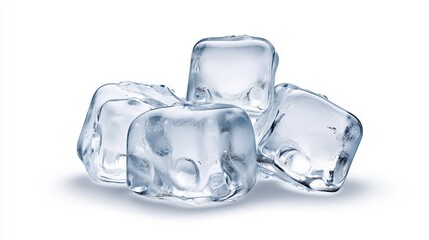 Obraz premium A pile of ice cubes on a white background. The cubes are clear and shiny, and they are stacked on top of each other. Concept of coldness and stillness, as the ice cubes are not moving or changing