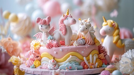 A whimsical cake decorated with fondant unicorns and pastel frosting. Perfect for a magical birthday celebration.
