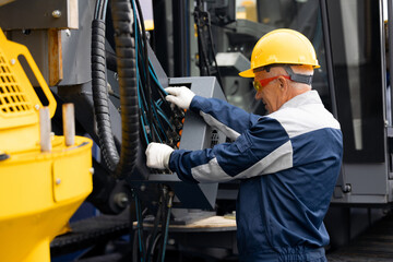 Mechanic repairing hydraulic hose in drilling machine, exploration drilling. Adult man in hard hat...