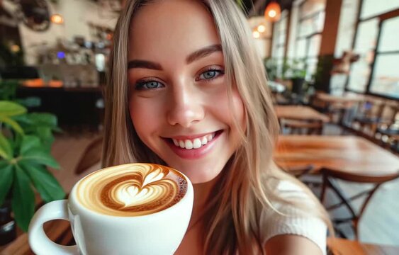 Beautiful smiling woman with a cup of coffee taking selfie in a pub cafe bar restaurant. Happy successful influential blogger recording video, online communication outdoors. ugc social networks