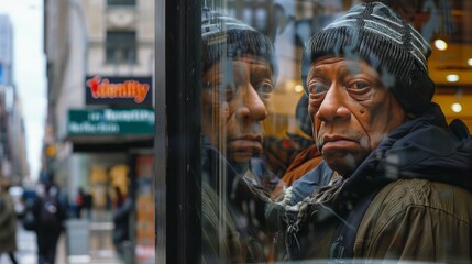 Homeless. A man is sitting in a window with a reflection of a car in the background. The reflection is blurry and the man is wearing a hat and a blue jacket