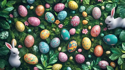 Decorated Easter Eggs and Bunnies in Lush Green Foliage