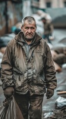 Homeless. A man in a brown jacket is shoveling trash. The scene is dirty and unkempt, with trash scattered around. The man is working hard, but the overall mood of the image is negative and unpleasant