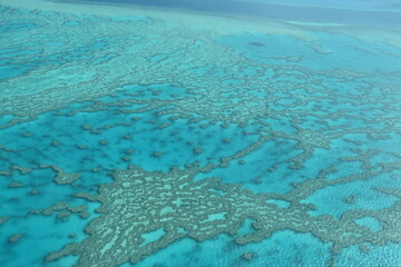 The Great Barrier Reef coral system seen from above in a small airplane