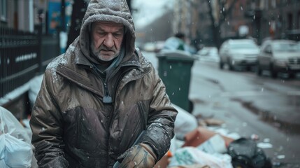 Obraz premium Homeless. A man in a brown jacket is shoveling trash. The scene is dirty and unkempt, with trash scattered around. The man is working hard, but the overall mood of the image is negative and unpleasant