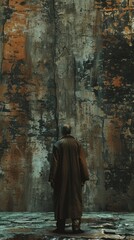 A man stands in front of a wall with graffiti on it. The man is wearing a white shirt and a black hat. The wall is covered in graffiti and he is old and worn. Scene is somewhat somber