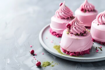 Pink mini cakes with swirl icing and golden sparkles on top