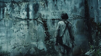 Obraz premium A man stands in front of a wall with graffiti on it. The man is wearing a white shirt and a black hat. The wall is covered in graffiti and he is old and worn. Scene is somewhat somber