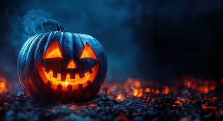 Fototapeta premium Black pumpkin with glowing eyes mouth on glowing embers on a dark background, Halloween concept