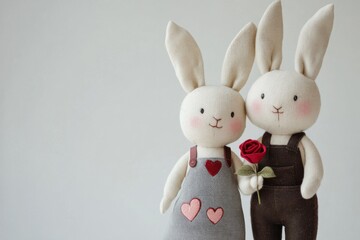 Obraz premium Handmade toys in the form of Hares holding a rose on a white background