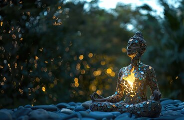 A sculpture in the form of a buddha with a luminous soul. Yoga meditation