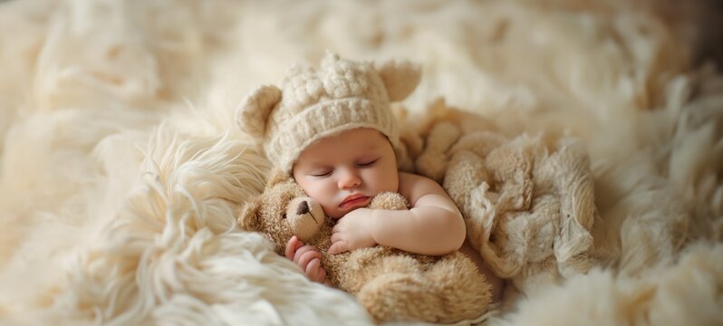 Generated imagA small child hugging a bear toy sleeps wrapped in a warm blanket and a plaid blanket