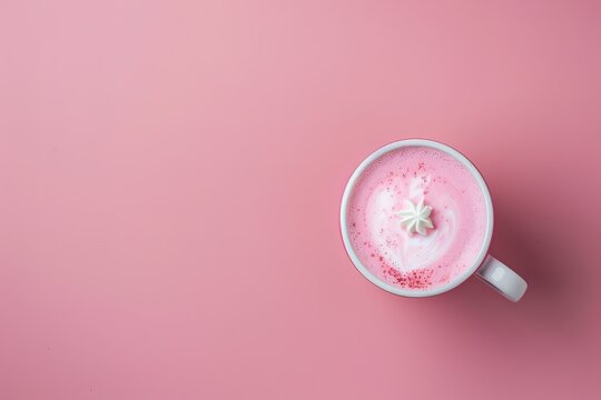 Pink matcha latte with floral design on foam, top view.