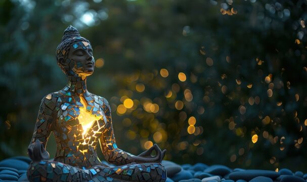 Generated imagA sculpture in the form of a buddha with a luminous soul. Yoga meditation