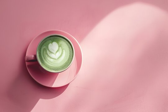 Pink cup with matcha latte on pink background, top view, minimal