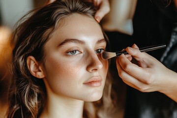 Obraz premium A makeup artist carefully applies blush to a model's cheeks in a bright studio setting
