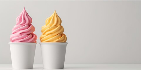 Pink and yellow soft serve ice cream in white paper cups on light background. Frozen dessert and summer treat concept. Banner with copy space for ice cream shop advertising and menu.
